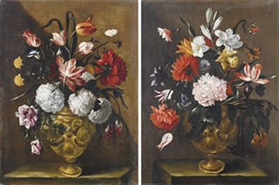 Vaso di fiori con rose, tulipani, ortensie e una farfalla; e Vaso di fiori con garofani, peonie, gigli, tulipani, narciso ed una farfalla (2)