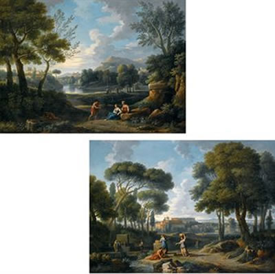 Paesaggio arcadico con lago e il cortile di Belvedere; e Paesaggio arcadico con frammenti classici e il Colosseo sullo sfondo; a pair (2)