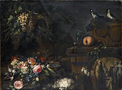 Rose, anemoni e gelsomini con frutta e frammenti architettonici