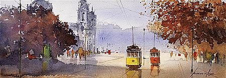 "Vista da Basílica da Estrela com eléctricos"