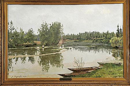 "Paisagem com figuras junto a lago"
