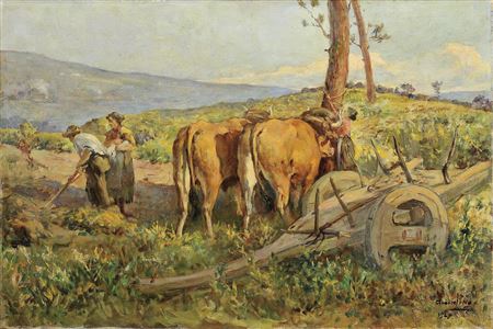 Paisagem com figuras e carro de bois