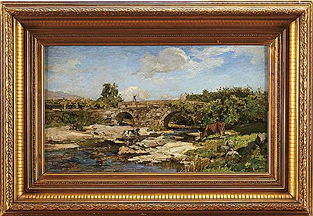 Paisagem com rio, ponte e figuras
