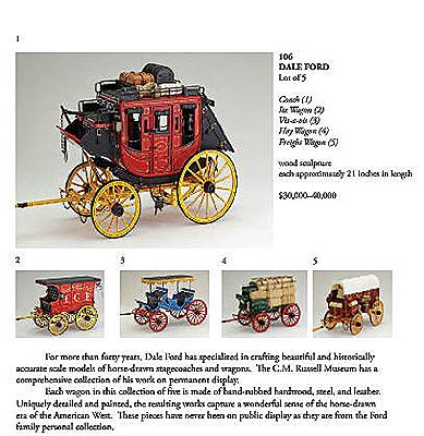 Coach (1), Ice Wagon (2), Vis-à-vis (3), Hay Wagon (4), Freight Wagon (5) by Dale Ford - Auction record, sale price, and art valuation. Compare with similar artists and explore comparable artworks.
