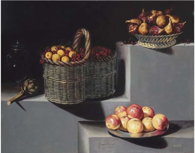 Bodegón con un jarro de cristal, alcachofa, un cesto de cerezas y albaricoques, un cesto con higos y un plato de plata con manzanas. by Juan Hamen Y Leon - Auction record, sale price, and art valuation. Compare with similar artists and explore comparable artworks.