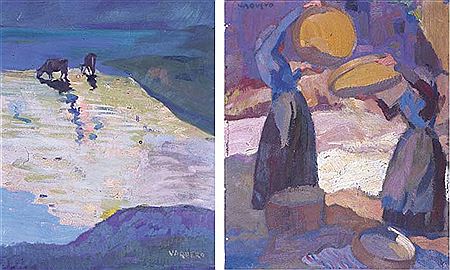Pair of pictures; Valley Lake, Women winnowing wheat