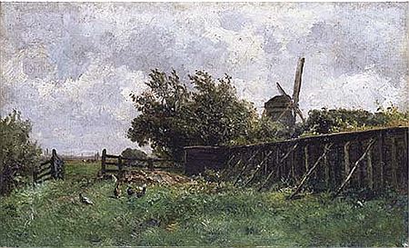 Dutch landscape with chickens and a mill in the background