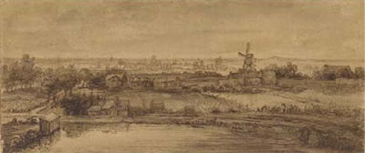 Extensive landscape with a lake, distant mill and town