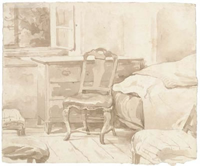 Interior with chair by a chest of drawers. Shepherd with his flock