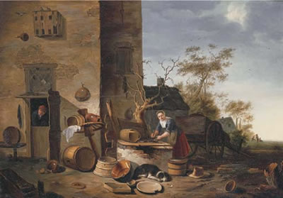 A kitchenmaid cleaning fish before a farmhouse