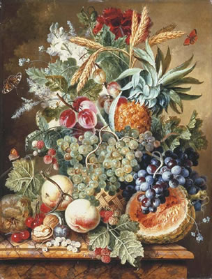 A pineapple, plums, grapes and other fruit and flowers in a basket with a melon, peaches, cherries, raspberries and other fruit on a marble ledge
