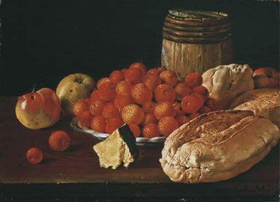 Arbutus berries on a plate, apples, a wood barrel and bread rolls on a wooden table by Luis Egidio Melendez - Auction record, sale price, and art valuation. Compare with similar artists and explore comparable artworks.
