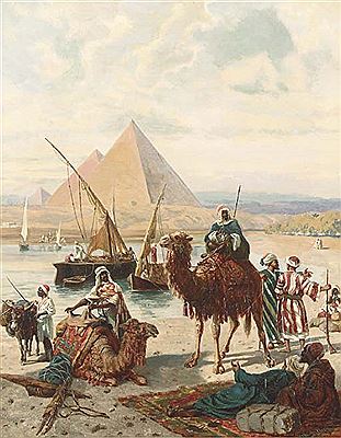 Nomads resting by the river with Pyramids beyond