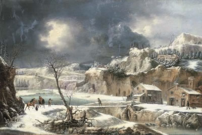 A winter landscape with travellers on horseback by a river