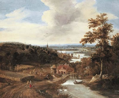 A wooded river landscape with harvesters and travellers on a bridge, a town beyond