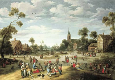 A village kermesse with numerous peasants feasting and making merry