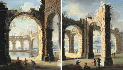 Figures amongst classical ruins. Figures by pool