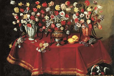Arrangements of flower bouquets in a majolica vase, a sculpted pewter and bronze urn and a ceramic ewer on a draped octagonal table with two lemons and other flowers, with a pug resting below by Giuseppe Recco - Auction record, sale price, and art valuation. Compare with similar artists and explore comparable artworks.