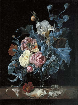 Roses, irises, poppies and other flowers in a glass vase, on a marble ledge with a tortoiseshell butterfly and insects