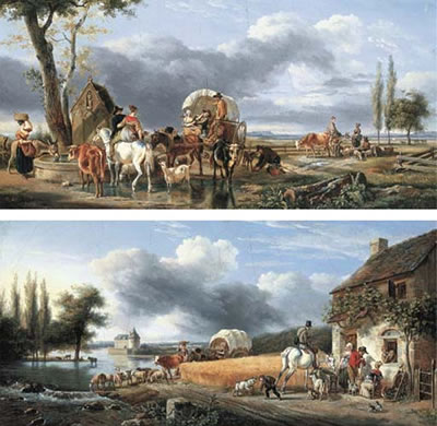 Travelling peasants with their cattle and sheep in a landscape; and Figures with animals outside an inn beside a wheat field (2)