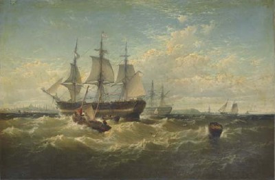 A Packet Ship Backing Sails in outer Boston Harbor