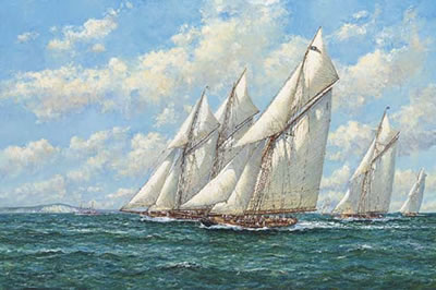 Britannia, Westward, Lulworth and White Heather racing in Christchurch Bay with the Needles beyond, 1927 by John Sutton - Auction record, sale price, and art valuation. Compare with similar artists and explore comparable artworks.