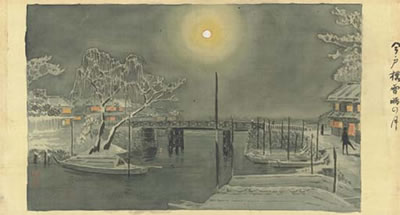 Moonlight after clearing snow, Imado Bridge. Rain in Ochanomizu. Atami hot spring. Shore at Haneda