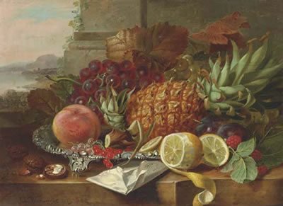 A pineapple, grapes, a peach with other fruit on a ledge, a landscape beyond