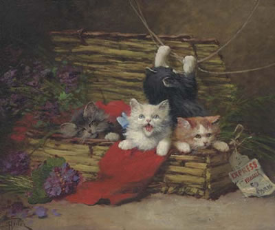 Four Kittens in a Basket by Léon Huber - Auction record, sale price, and art valuation. Compare with similar artists and explore comparable artworks.