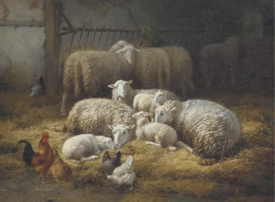 Sheep and Chickens in a Farm Interior
