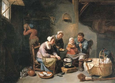 A peasant family frying fish in an interior