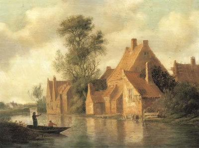A river landscape with fishermen in a boat and cottages on an embankment