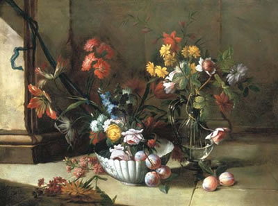 Roses, carnations and other flowers and plums in a porcelain bowl, by a ewer with roses on a stone floor