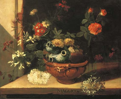 A ceramic vase with roses, hortensias and other flowers in a clay pot on a stone ledge (one of a series of months) by Nicola Van Houbraken - Auction record, sale price, and art valuation. Compare with similar artists and explore comparable artworks.