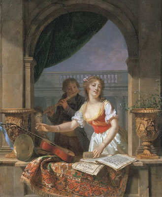 A young lady reaching for a guitar at a stone casement and a boy playing the flute beyond by Martin Drolling - Auction record, sale price, and art valuation. Compare with similar artists and explore comparable artworks.