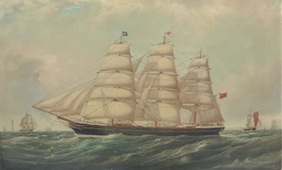 The clipper ship Hesperides passing a lighthouse