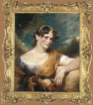 Portrait of Miss Caroline Hopwood, half-length, in a purple and white dress