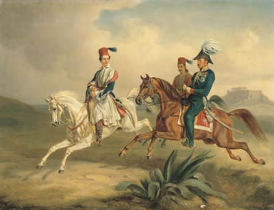 King Otto of Greece on horseback with the Parthenon beyond