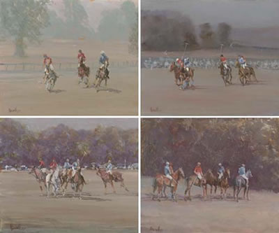 A set of four polo scenes at a polo match at Cowdray Park: Going for the Ball, Taking a Backhander, Where is it gone? and Half-Time by Peter Howell - Auction record, sale price, and art valuation. Compare with similar artists and explore comparable artworks.