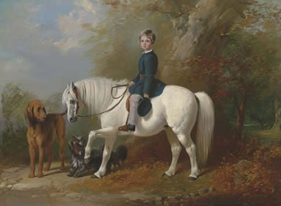 Master Beresford Lowndes on his pony with two dogs