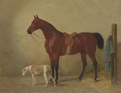 A Saddled Bay Hunter in a Stable with a Dog by Emil Volkers - Auction record, sale price, and art valuation. Compare with similar artists and explore comparable artworks.
