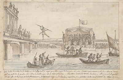 A tightrope walker crossing the Seine near the Concorde bridge in front of the governmental box on 15 August 1807 by Claude Louis Desrais - Auction record, sale price, and art valuation. Compare with similar artists and explore comparable artworks.
