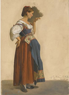 An Italian woman in local costume in profile to the right