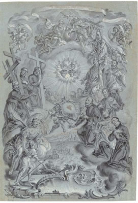 A study for a frontispiece: The Trinity and Saints surrounding the Sacred Hearts of Christ and the Virgin Mary, a coastal landscape below