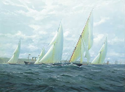 The 'J' class yachts rounding her majesty's royal yacht Britannia, off the Isle of Wight