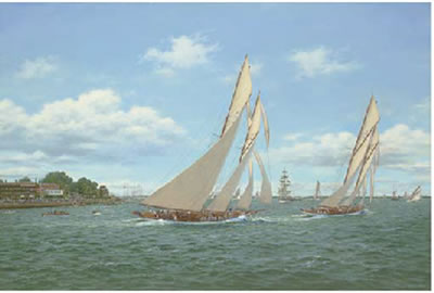 Meteor III and Ingomar heading out for the start, Cowes week, 1904