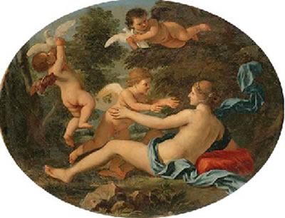Venus awakened by Cupid; Oval