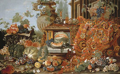 Melons, grapes, peaches and figs on the ground and a Corinthian capital, a glass and flask on a pewter tray and fruit in a glass bowl, all atop a carpet set on a marble ledge with a classical building beyond