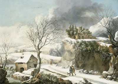 A winter landscape with travelers on a path
