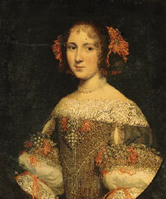 Portrait of a young lady, three-quarter-length, in an embroidered and jeweled dress with pink ribbons in her hair